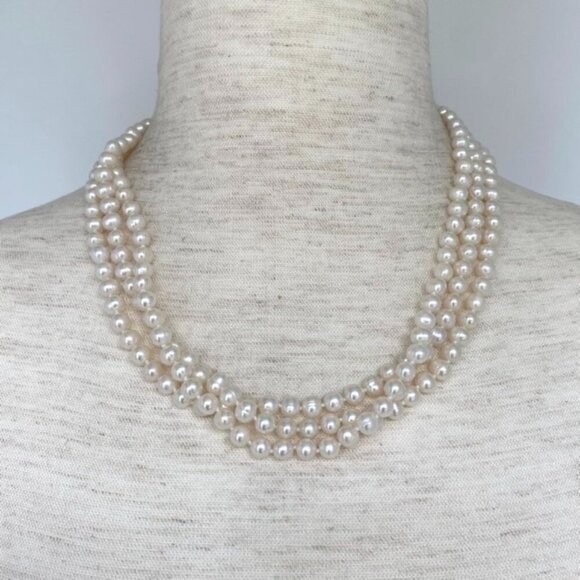 Sterling Silver 925 Layered Beige Baroque Triple Strand Pearl Necklace 18" - 19" - Picture 16 of 16